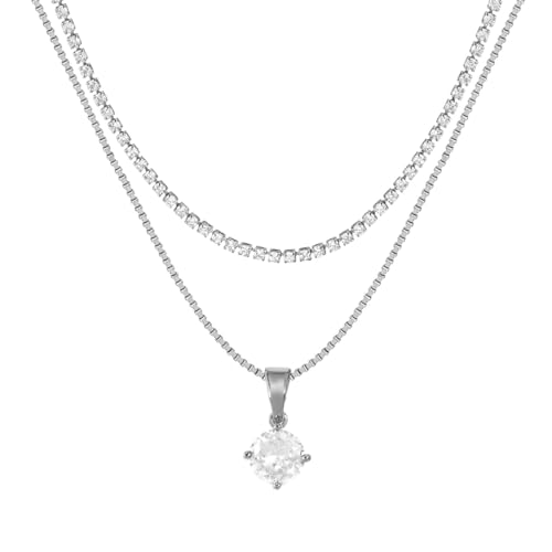 Layered Necklaces for Women, Dainty 14K Gold Plated Diamond Tennis Necklace, Simple Stackable Layered Gold Necklaces for Women Trendy Sparkly Cubic Zirconia Pendant Necklace Set Jewelry Gift - color: Silver - Tennis & Round Diamond