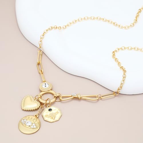 Charm Necklace for Women Gold Evil Eye Sun Moon Flower Coin Pendant Necklace Dainty Paperclip Chain Vintage Luck Amulet Choker Necklaces Celestial Jewelry Gift - style: Evil Eye, Heart, Coin
