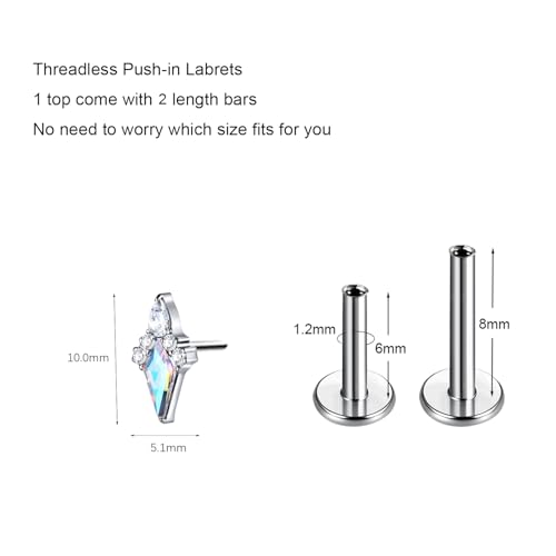 1pcs 16G 18G G23 Titanium Threadless Labret Studs Push-in Labret Lip Cluster Tragus Helix Conch Lobe Rook Cartilage Push Back Piercing Jewelry Earring - style: big-rhombus-AB