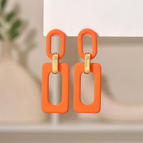 Geometric Square Earrings for Women Lightweight Colorful Color Block Acrylic Chunky Geometric Rectangle Oval Link Chain Statement Earring - style: Orange Rectangle