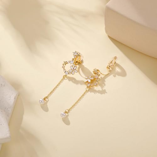 Awinesn Clip on Earrings Dangle Pearl Drop Clip Earrings for Women Trendy Dangle Chain Dainty Flower Wedding Earrings for Brides 14K Gold Plated Statement Non Pierced Earrings for Women Sparkly Jewelry - style: fugu-baiflower-g