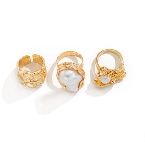 3/6 PCS Silver Chunky Pearl Rings Set for Women Gold Baroque Pearl Flower Open Ring Adjustable Crystal Large Ring Set Personalized Statement Knuckle Rings Fashion Costume Jewelry Accessories - color: gold