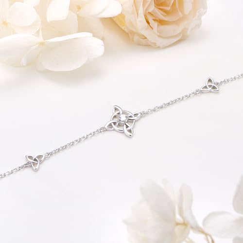 FLYOW 925 Sterling Silver Good Luck Irish Jewelry Triquetra Trinity Celtic Witches Knot Bracelet for Women - color: Silver - Cubic Zirconia