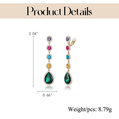 EleQueen Women's Wedding Crystal Teardrop Pear Shape 3 Inch Clip on Long Dangle Earrings for Bride Bridesmaid, Jewelry for Party Prom/Anniversary - color: Colorful Gold-Tone