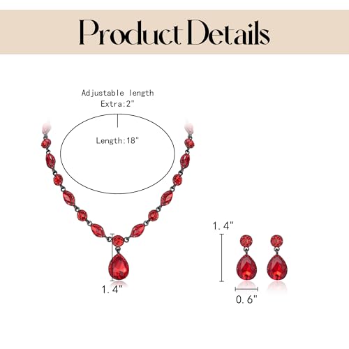 EleQueen Women's Teardrop Necklace Earrings Jewellery Set for Party Prom | Wedding Bridal Costume Jewelry Set for Brides Bridesmaids, Crystal Teardrop Necklace Dangle Earrings - color: Ruby Color Black-Tone