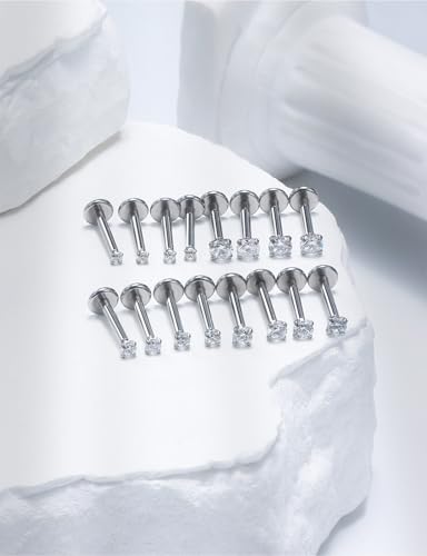 20G 18G 16G Threadless Flat Back Earrings Nose Stud 316L Surgical Steel Medusa Labret Monroe Lip Ring Tragus Forward Helix Conch Cartilage Lobe Earrings Stud Piercing Jewelry For Women Men - size: 16G-8MM Length