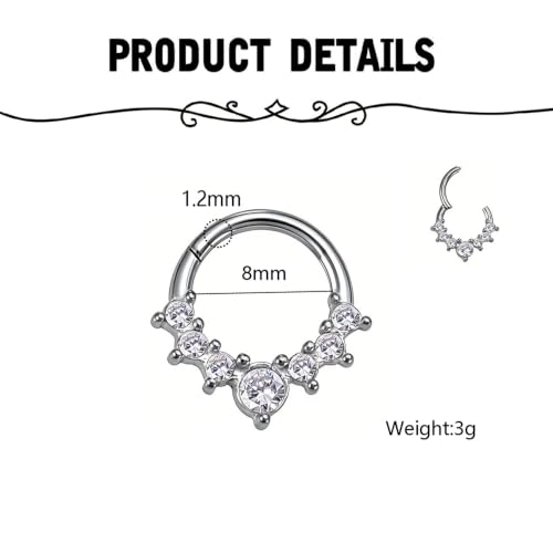 Cubic Zirconia Septum Nose Hoop Ring | 316L Stainless Steel,Round Rhinestone,Cartilage Huggie Earring,16G,8mm Piercing Jewelry,for Women Men - color: Silver