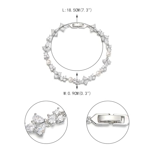 EVER FAITH Cubic Zirconia Pearl Bridal Prom Tennis Bracelet for Women | Elegant Pear CZ Wedding Jewelry Gift, for Bride Bridesmaid - style: Floral_Silver-Plated-Brass
