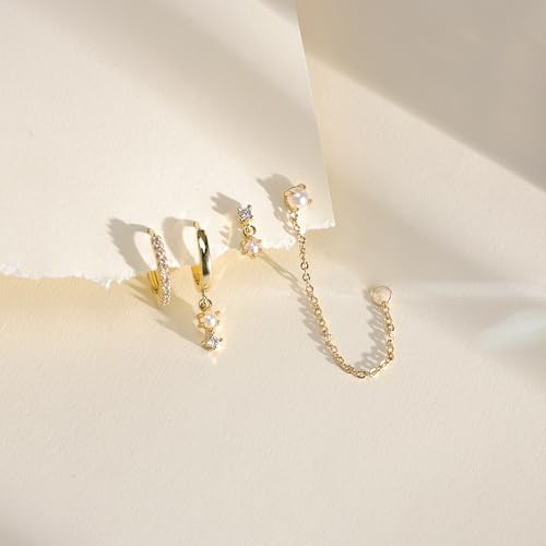 Gold Plated Earrings for Women, 14k Gold Plated Earring Stack Hypoallergenic Pearl Drop Earring Dainty Earrings for Women Trendy Cute Small Huggie Hoop Earring Fashion Womens Jewelry - color: SET2