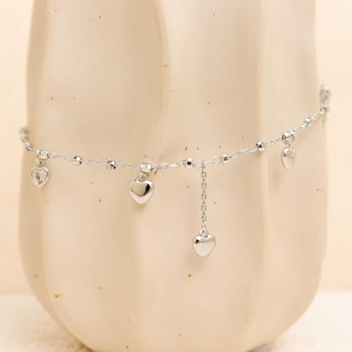 Silver Heart Charm Link Anklet for Women, Adjustable Handmade Cubic Zirconia Stackable Waterproof Summer Beach Chain Anklets Jewelry Accessories Gift - color: Silver Heart Charm