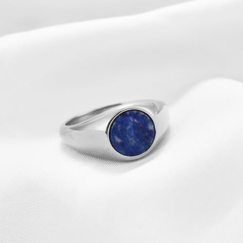 MYNENEY Stainless Steel Round Statement Pinky Signet Rings for Men Women - color: Lapis lazuli-Silver