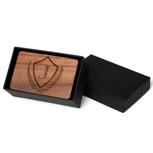 Mens Initial Cufflinks and Tie Clip A-Z Alphabet Letter Black Stainless Cuff Links Tie Bar with Engraved Walnut Wood Box Groom Groomsman Wedding Set - style: Classic-J