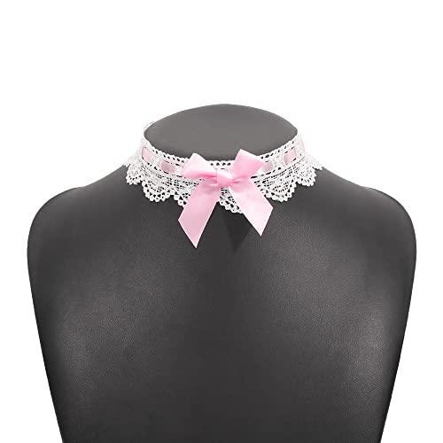 Asphire Sexy Lace Bow-knot Collar Choker Necklace Kawaii Lolita Heart Flower Choker Tie Cravat Jewelry Gift for Women Girls - color: Pink and white