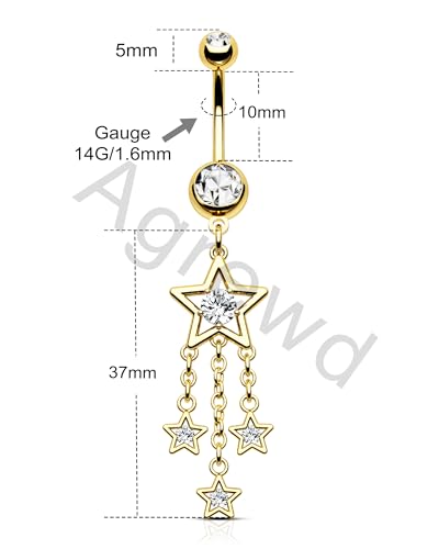 Dangle Belly Button Rings 14G Star Dangly Belly Navel Rings for Women Silver Belly Piercing Jewelry Dangling Stainless Steel - color: Gold