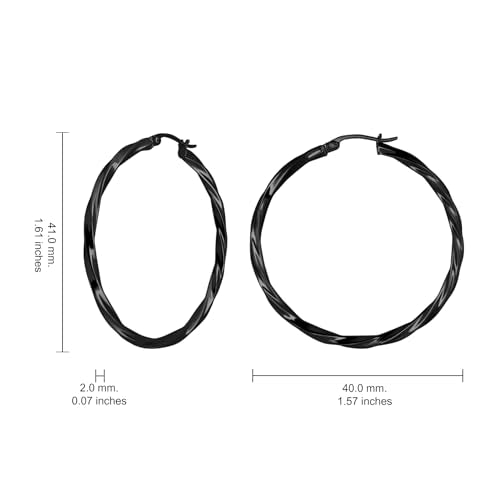 Hoops & Loops 925 Sterling Silver Twisted Hoop Earrings for Women - Hypoallergenic 14K Gold, Rose Gold, Black Flash Plated 2mm Thin Twist Design Round Click-Top Hoops, 15/20/25/30/35/40/50/60mm - color: Black-40mm (1.56 inch)