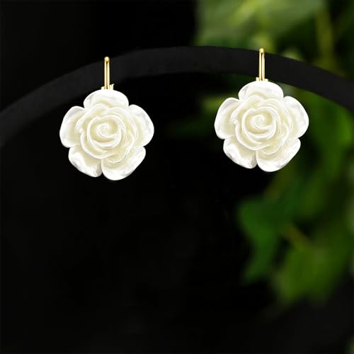 Handmade Bohemian Aesthetic Dainty Acrylic Flower Petal Leverback Earrings Sparkly 14K Gold Floral Dangle Drop Earrings for Women - color: Pearl White