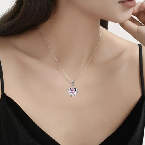 KunBead Guardian Angel Heart Wings Birthstone Dangle Birthday Charms Compatible with Pandora Charm Bracelet for Women - color: Pink