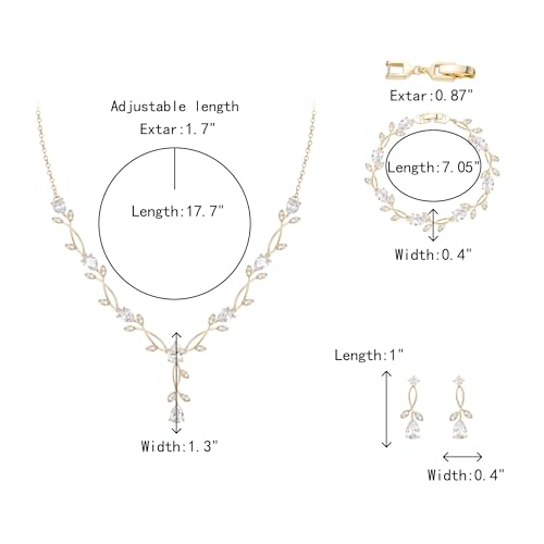 Crysdue Wedding Jewelry Set for Brides Bridesmaid, Cubic Zirconia Teardrop Marquise Leaf Cluster Pendant Necklace Bridal Tennis Bracelet Drop Earrings for Women Party Prom - style: A- CZ set- gold