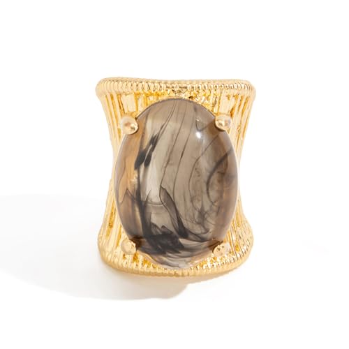 Geometric Open Ring, Adjustable Statement Rings with Non-Fading Hand-Marbled Resin Wide Band, Metallic Stripe Accent Finger - color: black gray