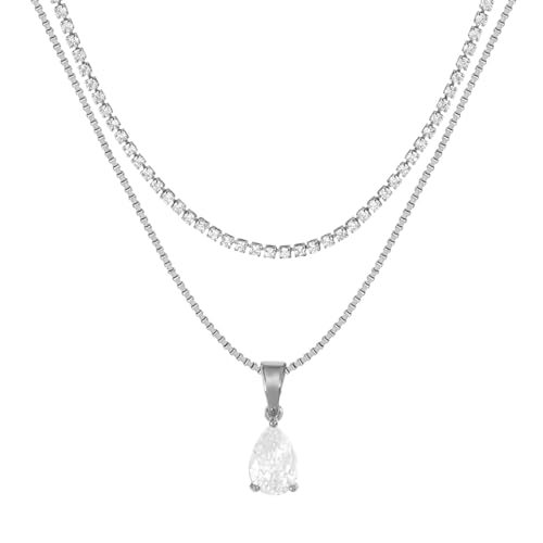 Layered Necklaces for Women, Dainty 14K Gold Plated Diamond Tennis Necklace, Simple Stackable Layered Gold Necklaces for Women Trendy Sparkly Cubic Zirconia Pendant Necklace Set Jewelry Gift - color: Silver- Tennis & Waterdrop Diamond