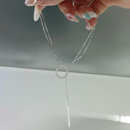 925 Sterling Silver Necklace for Women Trendy, Charming Layered Necklace with Cubic Zirconia Pendant for Her Womens Dainty Diamond Choker Necklaces Holiday Jewelry Gifts for Mom Wife Daughter Lover - color: Strip&prime Circle-Silver