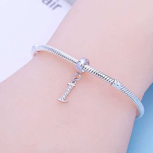 925 Sterling Silver Charms Alphabet Beads fit Pandora Charm Bracelets A-Z Letter Initial Spacer Dangle Clear CZ Stone Authentic for Snake Chain Bracelets - color: I