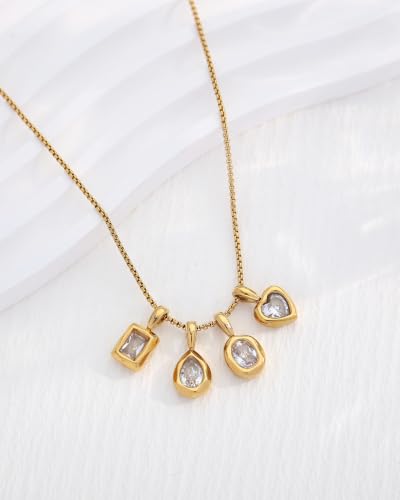 Interchangeable Removable CZ Charms Necklace, Gold Silver Stainless Steel Adjustable Box and Rice Bead Chain Minimalist Custom DIY Pendant Jewelry Gifts - color: Gold-A