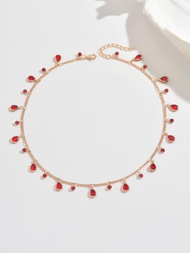 Bohemian Red Rhinestone Choker Necklace for Women, Gold Tone Teardrop Tassel Dangle Collar Chain, Elegant Ruby Red Crystal Fringe Necklace Jewelry for Party Prom Wedding