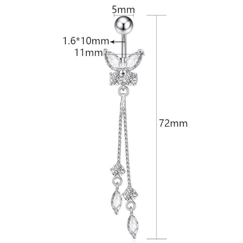 14G CZ Butterfly Tassel Dangle Belly Button Rings for Women Hypoallergenic Stainless Steel Navel Ring 3/8 Inch Belly Piercing Barbell Dainty Navel Piercing Jewelry - color: Gold
