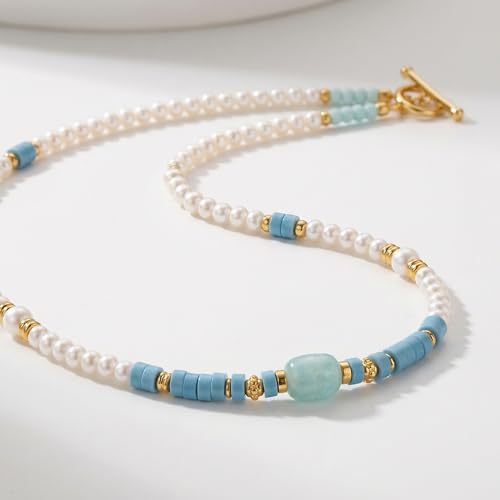 Pearl Necklace for Women Paperclip Chain Chunky Gold Necklace, Freshwater Cultured Pearls Trendy Link Chain 18K Gold Plated Dainty Pearl Choker - color: Pearl&Blue Stone