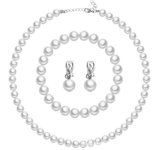 tenghong2021 Fashion Classic Faux Pearl Jewelry Set Necklace Bracelet Earrings for Women Best Gift - color: White clip