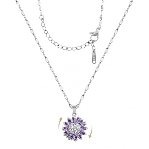 Sunflower Fidget Necklace for Women Gold Moon Necklace Rotating Heart Necklaces Spinning Crystal Flower Anxiety Necklaces Crescent Moons Jewelry Accessories - color: Silver Purple