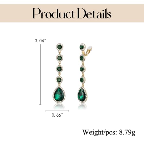 EleQueen Women's Wedding Crystal Teardrop Pear Shape 3 Inch Clip on Long Dangle Earrings for Bride Bridesmaid, Jewelry for Party Prom/Anniversary - color: Green Gold-Tone