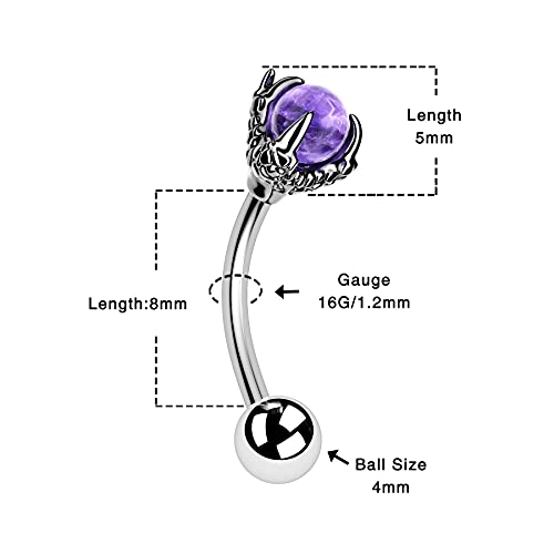 OUFER Rook Earrings Dragon Claw Eyebrow Rings 316L Surgical Steel 16G Curved Barbell Rook Daith Piercing Jewelry - color: Amethyst