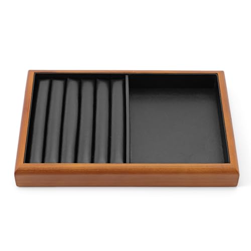 Solid Wood 2-in-1 Stackable Jewelry Display Tray | Solid wood frame & scratch-proof PU lining, 2-in-1 stackable tray for home vanity & retail jewelry display - color: Black, size: Ring/Flat Tray