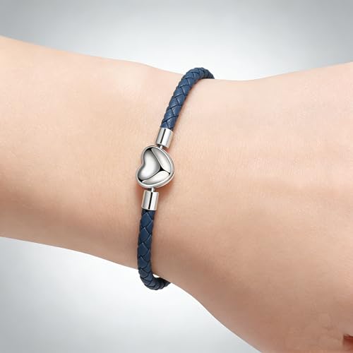 GMXLin Leather Charm Bracelet Heart Snap Clasp Clip Lock Handmade Braided Wristband Compatible with Women Pandora Charm Bead - color: Blue
