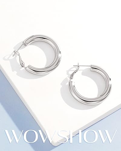 wowshow Gold Hoop Earrings for Women Chunky Hoops 14K Gold Plated Thick Hollow Tube Lightweight Earrings for Mother Birthday Gifts 20/25/30/40/50MM - color: Silver-30MM