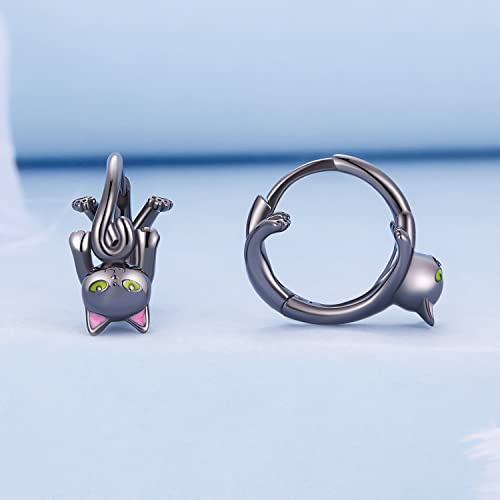 925 Sterling Silver Earrings Hypoallergenic Huggie Earring for Women - color: Black Cat