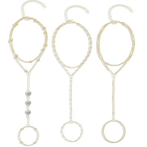 3PCS Set of Stacked Ring Bracelets Accessories for Women | 14K Gold-Plated Dainty Hand Chain Bracelets Stack Summer Jewelry for Women Trendy Ring Bracelet - color: Gold-B