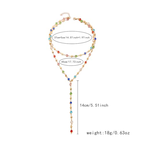 Colorful Rhinestone Long Necklaces for Women,Boho Small Crystal Drop Necklace,Boho Rhinestone Layered Necklaces - color: Golden