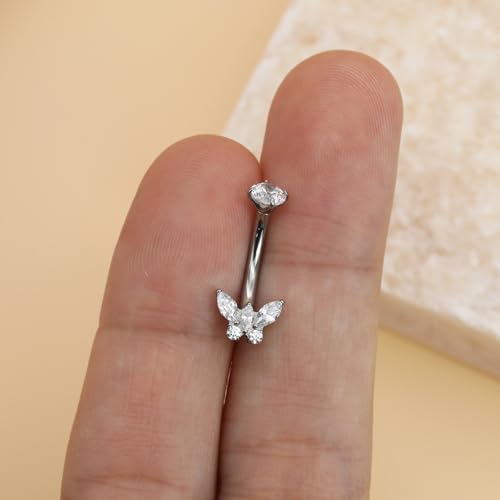 XUU Titanium Belly Button Rings 14G, Implant-Grade Navel Piercing, Luxury CZ Shape with Flower Butterfly, Hypoallergenic Curved Barbell Jewelry for Women, Gold or Silver - style: Butterfly-Silver