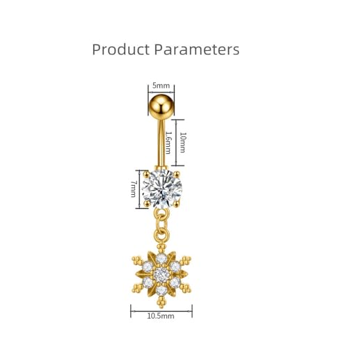 Crystal Snowflake Belly Button Rings for Women Stainless Steel Christmas Dangle Navel Ring Cubic Zirconia Floral Curved Barbell Body Piercing Jewelry - color: Gold