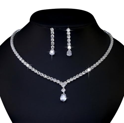 Women's Fashion Jewelry Rhinestone Zircon Necklace and Earring Set Formal Ball Gown Accessories Silver Floral Pendant Bridal Wedding Jewelry Suitable for Weddings, Balls, Banquets, and All Special Occasions - style: GST005