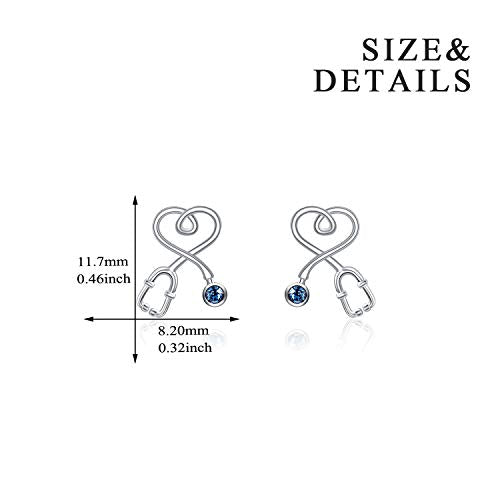 Stethoscope Earrings 925 Sterling Silver Heart Studs Earrings 12 Months Birthstone Crystals from Austria, Graduation Jewelry Gifts for Nurse Doctor RN Medical Student - color: Blue