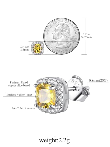 FindChic Birthstone Earrings for Women, Round/Heart/Square/Teardrop Earrings with 925 Sterling Silver Posts & Push Backs, Hypoallergenic Studs with Cubic Zirconia, 12 Months Jewelry with Gift Box - style: 11. November-Yellow Topaz (Square)