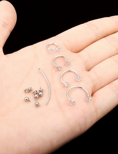 Oufksiyy Horseshoe Nose Ring Surgical Steel internal thread Double Gem Stud Nose Rings 16g Black Gold Lip Rings Cubic Zirconia Daith Septum Piercing Jewelry for Women Inner Diameter 6/8/10/12mm - color: Silver horseshoe rings 16G 6-12MM
