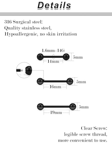 14G Nipple Piercing Jewelry Tongue Rings Surgical Steel Silver Tongue Nipple Barbell Bar Piercing Jewelry for Women 14mm 16mm 19mm - color: B:Black Tone