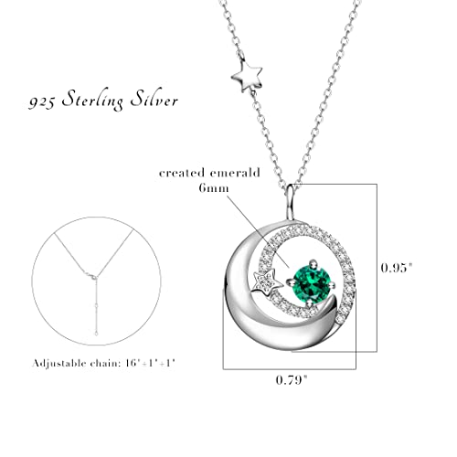 FANCIME Birthstone Necklaces 925 Sterling Silver Moon and Star Pendant Fine Jewelry Birthday Mothers Day Gifts for Mom Wife Her Daughter, Adjustable Chain 16+2" - color: May-Emerald