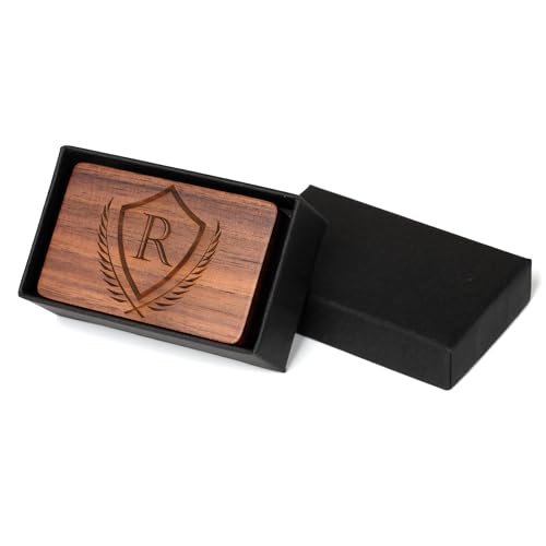 Mens Initial Cufflinks and Tie Clip A-Z Alphabet Letter Black Stainless Cuff Links Tie Bar with Engraved Walnut Wood Box Groom Groomsman Wedding Set - style: Classic-R