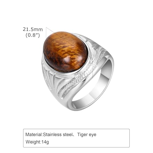 Silver Tiger Eye Stone Oval Signet Ring for Men and Women Stainless Steel Nature Stone Thumb Wedding Engagement Statement Pinky Band Rings Gift for Him, Size 7-13